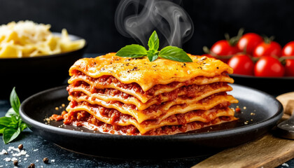 hot lasagna with smoke on black background
