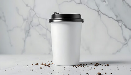 A white coffee cup with a black lid, set against a marble background with scattered coffee beans, 4K and HD image