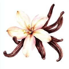 Naklejka premium Vanilla Watercolor. Hand-Drawn Watercolor Illustration of Vanilla Flower and Beans on White Background