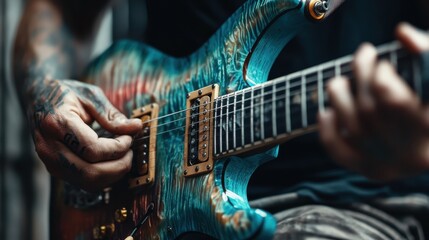 Naklejka premium An engaging shot of a musician passionately playing a striking blue electric guitar, capturing the essence of creativity and music artistry in a dynamic moment.