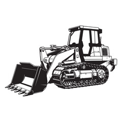 Black and white vector illustration of a front loader excavation construction machine