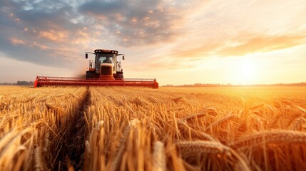 Fototapeta premium A tractor harvests wheat in a golden field as the sun sets, reflecting the hard work of farmers and the beauty of agriculture amid stunning evening light.