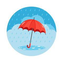 Red Umbrella in the Rain Weather Icon with Clouds and Puddle Vector