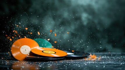 A striking image capturing the explosive moment of colorful vinyl records shattering, symbolizing the joy and energy of music while creating a dynamic visual experience.