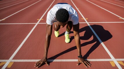 Young african male athlete on track in starting position for sprint race