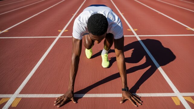Young african male athlete on track in starting position for sprint race
