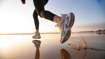 Young adult female running on beach at sunrise in athletic gear