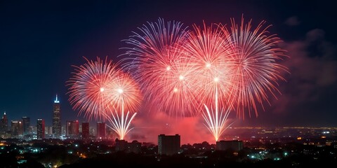 Spectacular Red and White Fireworks Illuminate the Night Sky Over a Sprawling City Skyline
