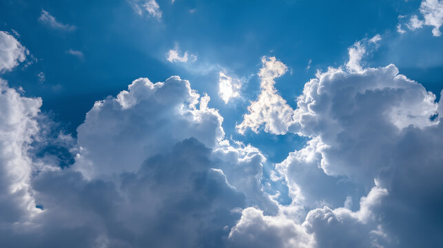 Scenic Cloud Formation with Sunburst in Sky, Puffy White Clouds in Deep Azure Sky