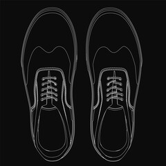 Black and white sneakers stand out sharply against a black background, outlined in crisp white for a clean, modern aesthetic. The minimalist design highlights the shoe's sleek silhouette and stylish.