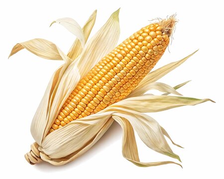 A single ear of ripe yellow corn with dried husks on a white background
