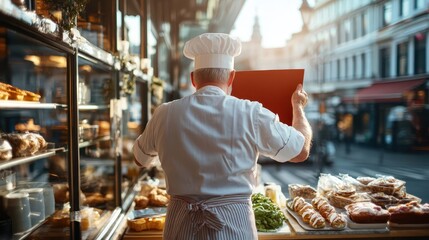 An experienced chef in a white uniform focuses on creating culinary masterpieces in a well-lit bakery, showcasing dedication and skill amidst a vibrant display of baked goods.