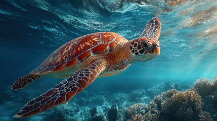 Fototapeta premium Sea Turtle Swimming Underwater in a Vibrant Coral Reef