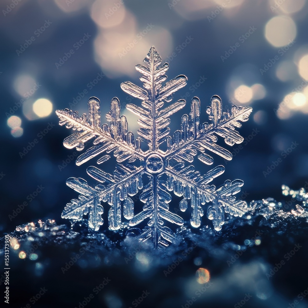 Poster close-up of a snowflake resting on snow at night