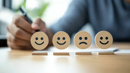 Male adult writing in office with smiley face icons