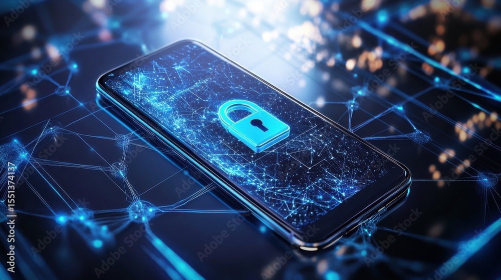 Poster smartphone displaying padlock graphic in digital network at night