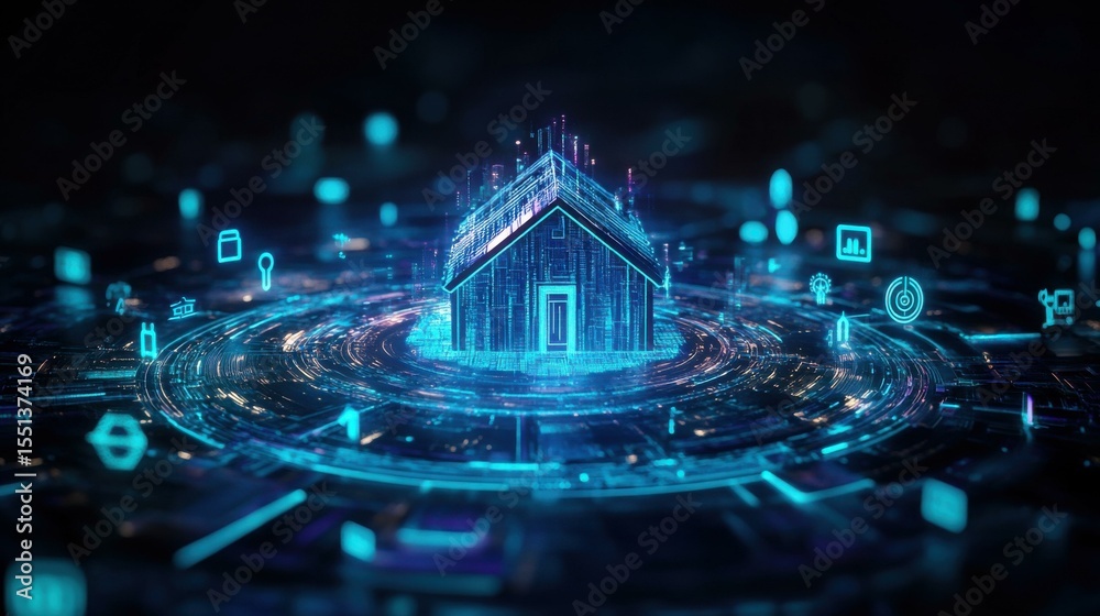 Poster digital representation of a glowing smart home in dark environment