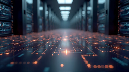 Futuristic data center, sleek and modern server room with glowing lines of data flow, ideal for tech-related themes.