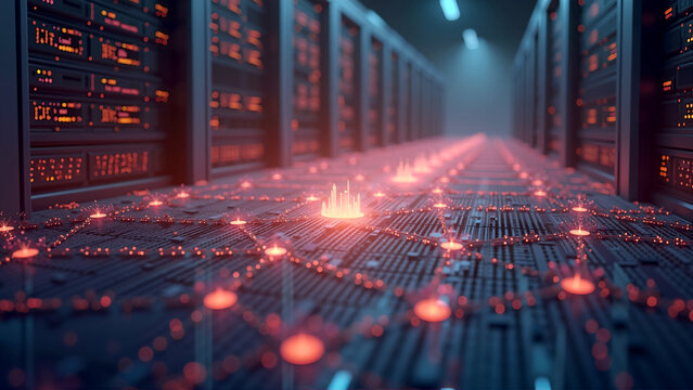 Futuristic data center, illuminated server rows with vibrant blue and red lights, showcasing technology and innovation.