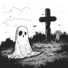 Simple black and white sketch halloween illustration of a ghost near a tombstone with a cross in a cemetery