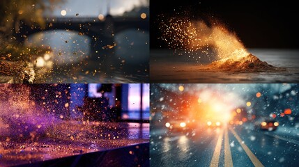 A four-panel image showcasing diverse particle effects glowing embers, sparks against blurred cityscapes, and snowy road