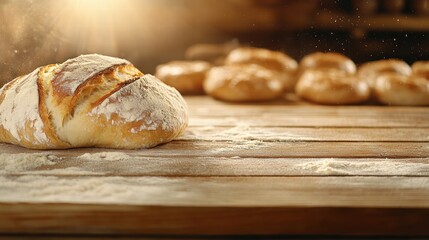 A beautifully baked loaf of bread, dusted with flour, rests on a wooden table, exuding warmth and comfort that invites you to enjoy the simple pleasures of life.