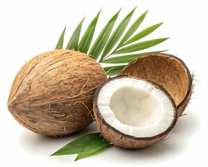 Whole and halved coconut with green palm leaves on white background