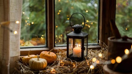 Embrace autumn ambiance with pumpkins, a glowing candle lantern, and twinkling fairy lights creating a cozy seasonal window display, evoking warmth and autumnal charm.
