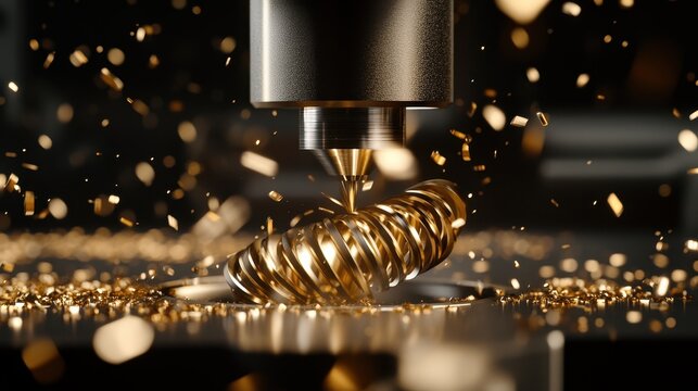 Precision Metalworking Process with Gold Spiral and Shavings