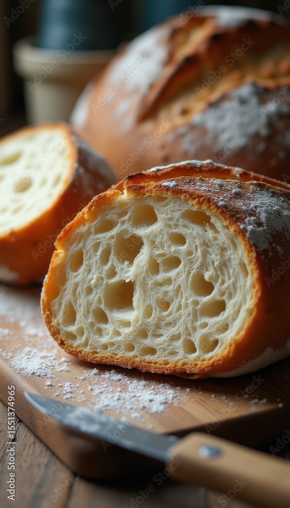 Poster slicing a rustic loaf of bread in a warm kitchen setting
