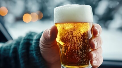 A close-up shot of a glass of golden beer with a frothy top held in a hand, set against a blurred winter landscape filled with snow and soft bokeh lights.