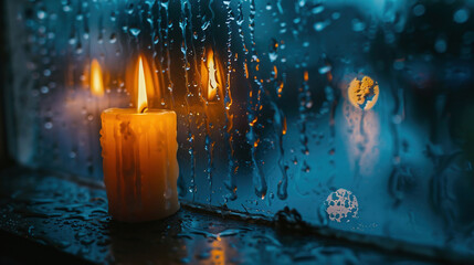 burning candle against rain drops texture on glass window, abstract dark background. rainy weather day. melancholic cozy mood. Relax, harmony, meditation atmosphere image.