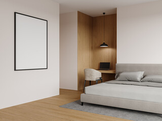 Bedroom Corner with Vertical Frame for Wall Art, Neutral Color Bed, Nightstand and Wooden Home Office Space