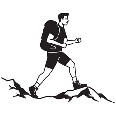 Fototapeta premium Silhouette of a hiker carrying a backpack climbing a rocky mountain trail adventure