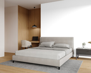 Full View Bedroom Interior with Bed, Nightstand and Study Nook – Transparent Wall Mockup with Realistic Shadows – 3D render