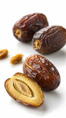 Fresh medjool dates one halved showing pit and flesh with whole dates on a white background,png
