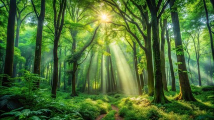 Naklejka premium Dense foliage and towering trunks dominate this lush forest scene with dappled light filtering through leafy canopies