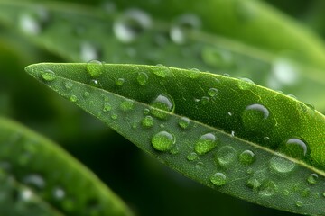 Macro Shot of Herbal Leaf Covered With Water Droplets in Nature