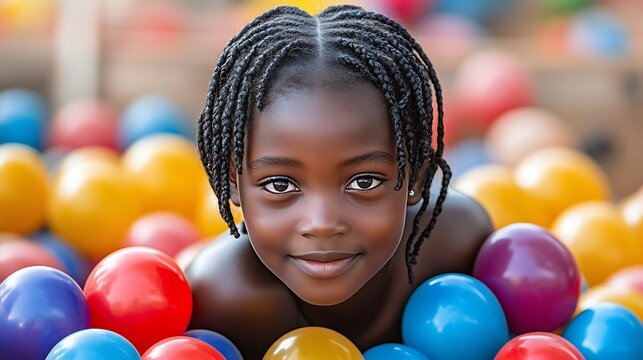 Adorable Girl in a Ball Pit Smiling with Playful Childhood Fun with Colorful Spheres.