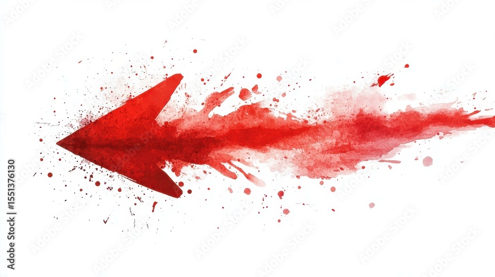 Poster dynamic red arrow on white background with watercolor splatter