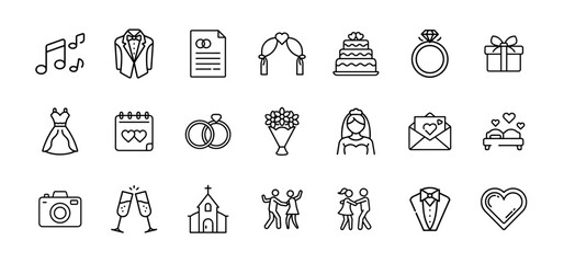 Wedding and marriage icon set. Vector line pictograms of bride, groom, ring, ceremony, invitation, cake, bouquet, love, and romantic celebration illustration