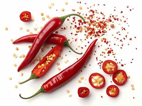 Vibrant red chili peppers whole sliced and flakes scattered on white background