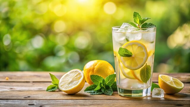 A glass filled with refreshing lemonade on a warm summer day with a few ice cubes and a sprig of mint - Powered by Adobe