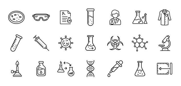 Laboratory icon set. Vector line pictograms of microscope, test tube, flask, chemical experiment, research, scientist, analysis, and medical lab tools illustration