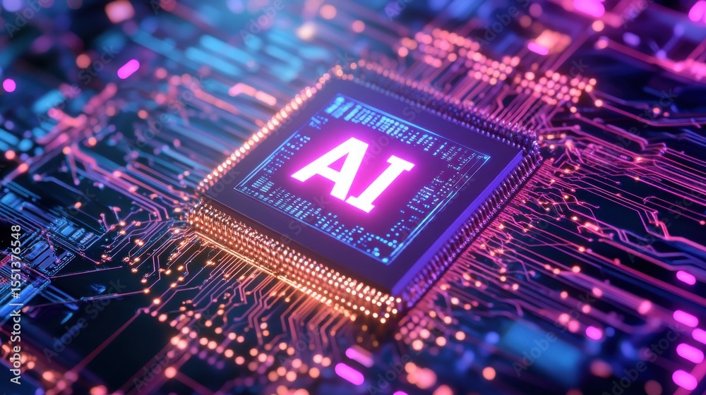Poster Futuristic microchip displaying glowing 'AI' on circuit board
