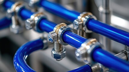 Close-Up View of Blue Piping and Metal Fittings in Industrial Setting