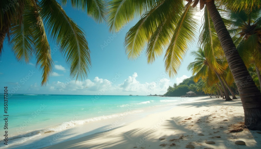 Poster serene tropical beach with palm trees and ocean view