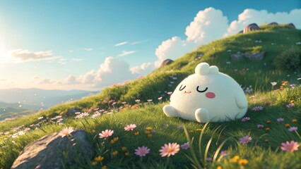 3D illustration of a cute, fluffy cloud creature lounging peacefully on a sunlit mountaintop meadow, surrounded by wildflowers and soft grass under a bright blue sky.