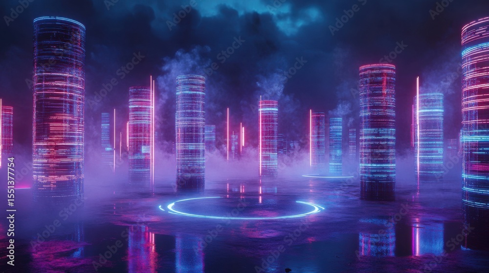Poster futuristic urban landscape with glowing columns and digital patterns