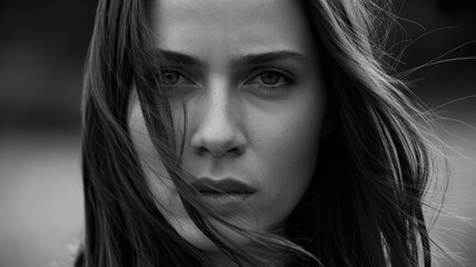 Fototapeta premium Caucasian female young adult with windblown hair in emotional black and white portrait